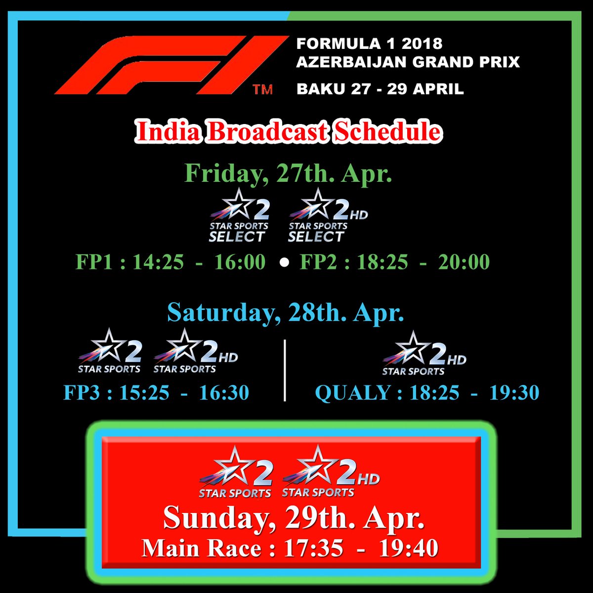 cfmagindia's tweet photo. ICYMI: The #AzerbaijanGP action starts tom!
#F1Baku #StreetF1ghters #F1 #F12018 #IndiaF1BroadcastSchedule #Seb5 #LH44 #TeamLH #VettelvsHamilton https://t.co/A5ToEzEXfu