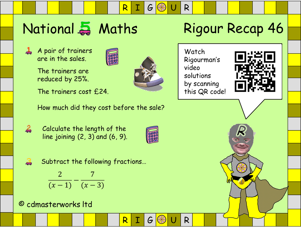 RigourMaths's tweet image. Only 8 days til #Nat5Maths exam 2018! Try today's #RigourRecap 46. Practice makes progress! Scan the QR code to view full video solutions and use the Online Learning Portal to revise areas you struggled with; cdmasterworks.co.uk/national-quali…. If you don't have an account you can sign up.