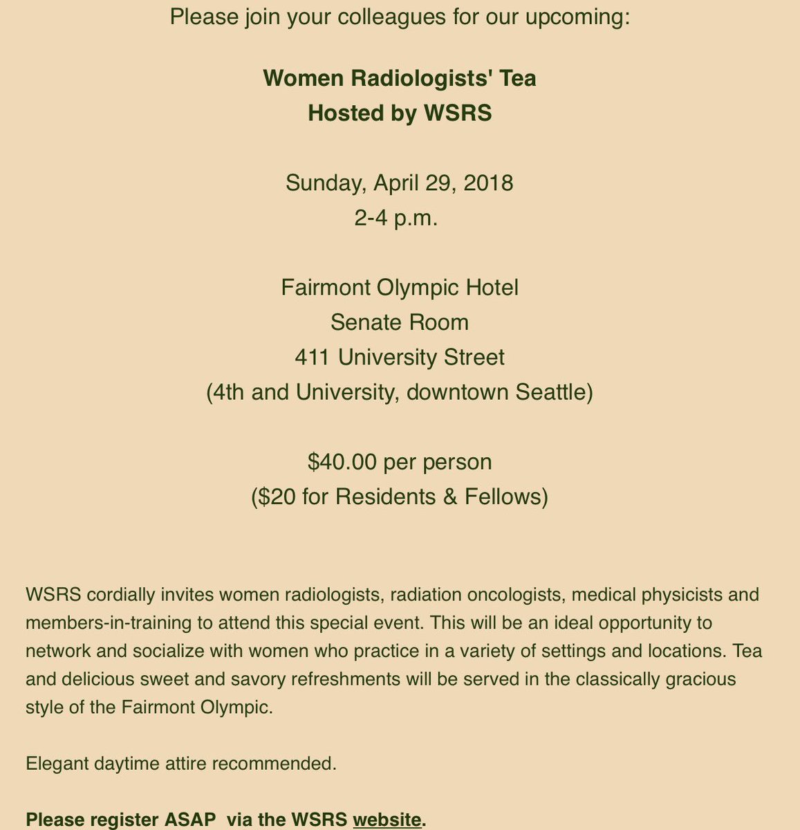 WSRS Radiology (@radiologywsrs) on Twitter photo Calling all women in radiology! Join us for tea at the Fairmont on April 29! #WomenInRadiology <a href="/UWRadiology/">UW Radiology</a> Calling all women in radiology! Join us for tea at the Fairmont on April 29! #WomenInRadiology <a href="/UWRadiology/">UW Radiology</a>