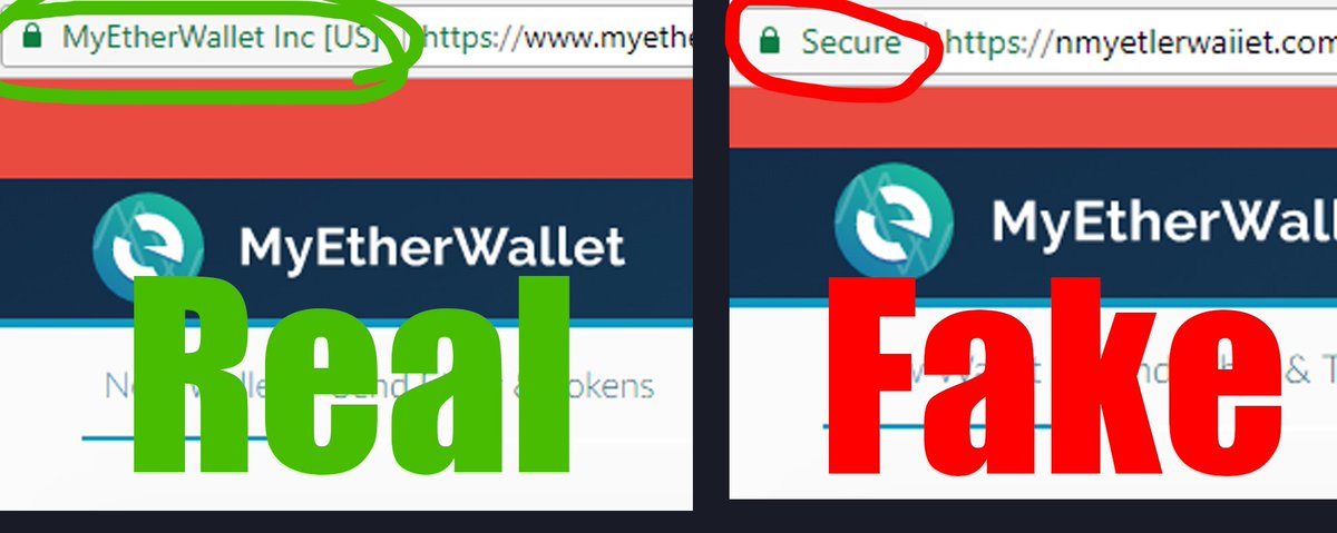boxmining's tweet photo. Was asked if @myetherwallet is safe to use. Check the Green Lock with "MyEtherWallet Inc[US]". Not getting scammed in crypto is all about attention to detail: https://t.co/unUnNYz6xm