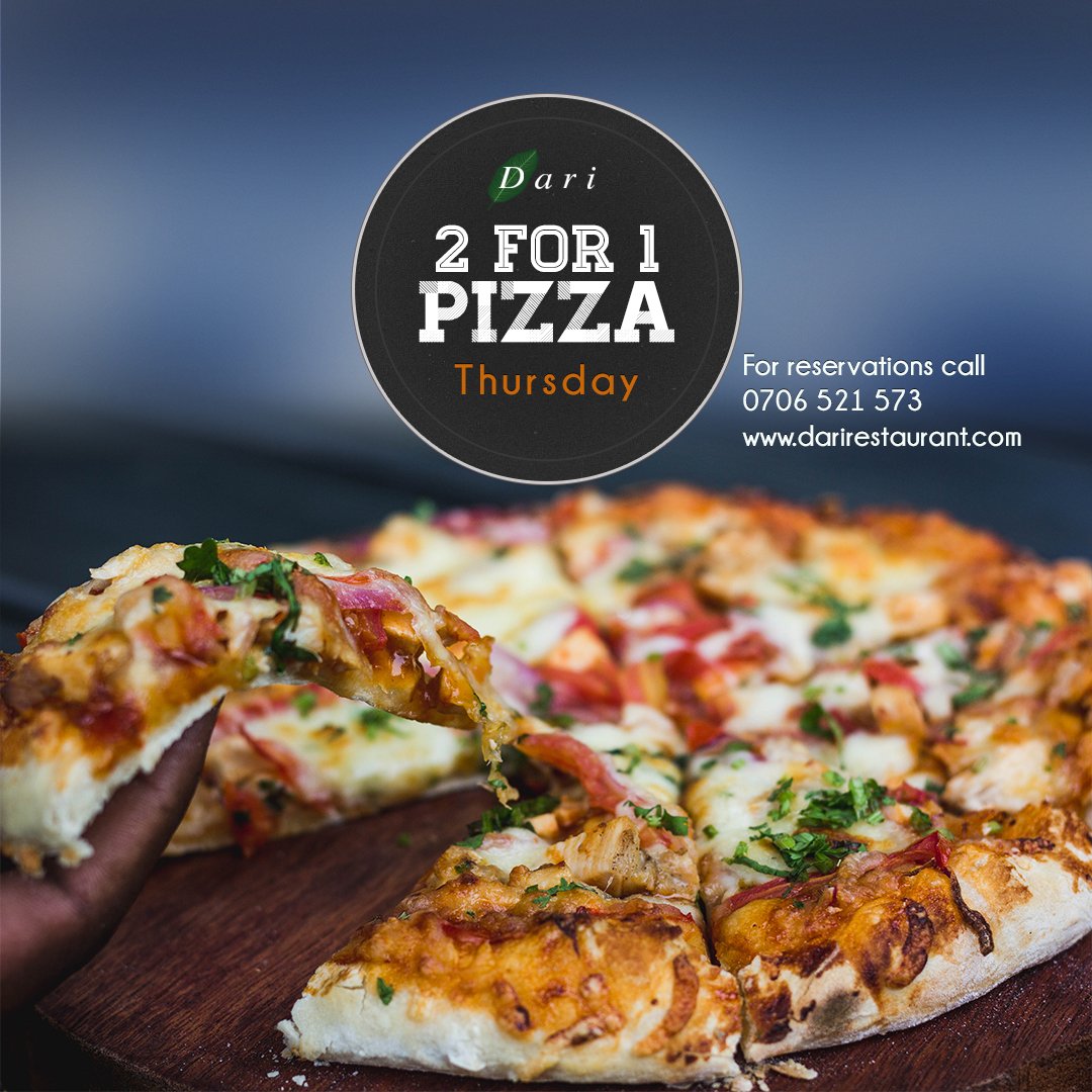 DariRestaurant's tweet image. To all #Pizza lovers: It's Thursday and that means 2 for 1 Pizza at Dari Restaurant for lunch and dinner. come experience pizza baked to precision in our clay oven as you enjoy a great ambiance. for reservations call 0706521573 or visit darirestaurant.com #Karen #CookItRight