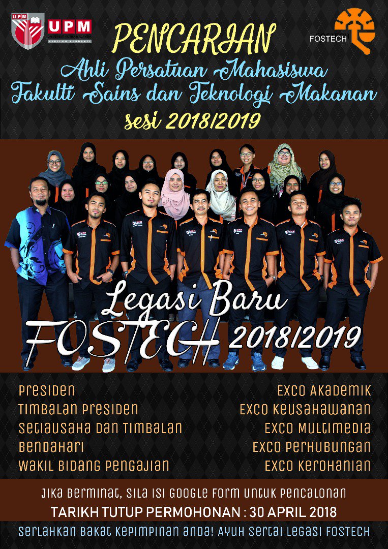 Fstm Upm On Twitter Assalamualaikum Dan Hai Semua Warga Fstm Upm Sekarang Ni Kami Sedang Mencari Pelapis Baru Untuk Fostech Sesi 18 19 Oleh Itu Dijemput Kepada Semua Pelajar Yg Berminat Pelajar