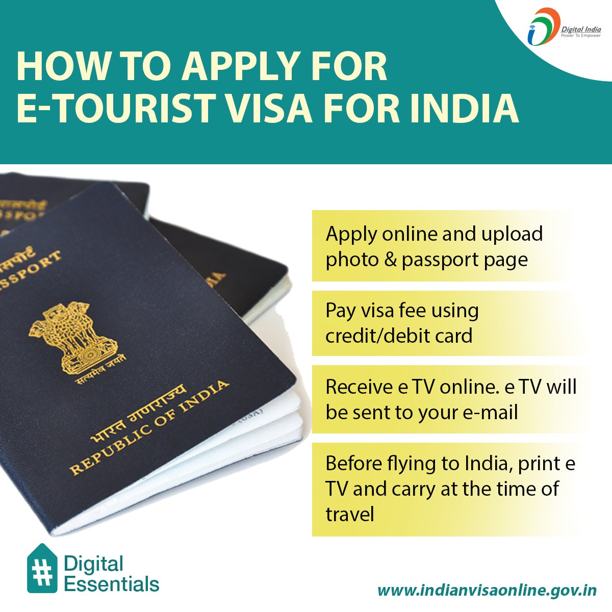 DDNewsAndhra's tweet image. #DigitalEssentials | With the help of unique digital initiatives #eVisaApplication process is now easy &amp;amp; quick. 

For more information, visit : indianvisaonline.gov.in/evisa/tvoa.html 

#DigitalIndia 
@MEAQuery 
@GoI_MeitY