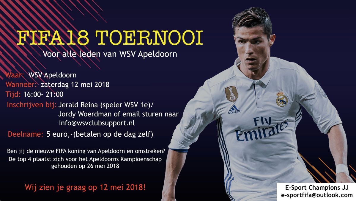 Zaterdag 12 mei is er een FIFA toernooi in de kantine van WSV! De top 4 plaatst zich voor het Apeldoorns Kampioenschap! Inschrijven kan bij Jerald Reina (speler WSV 1), Jordy Woerdman of door een mail te sturen naar info@wsvclubsupport.nl! <a href="/wsv_voetbal/">WSV Apeldoorn</a>