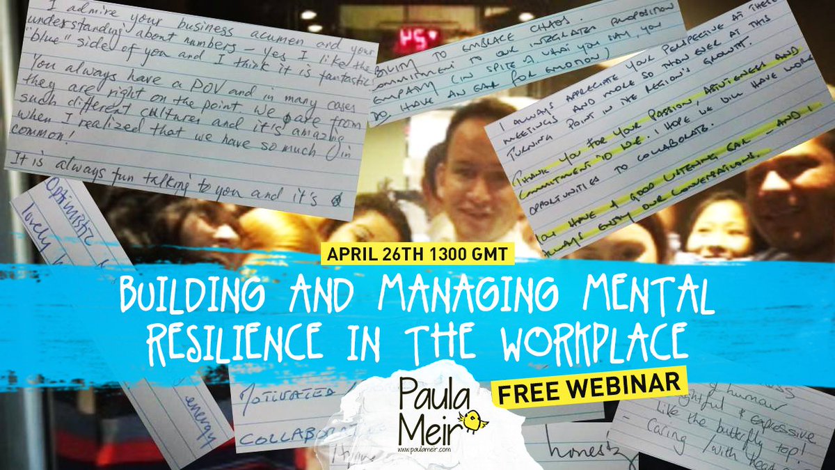 PaulaMeir's tweet photo. Hurry! There are just a few places left for my webinar today on "Building and Managing Mental Resilience in the workplace". Starts at 1300GMT 😃 #mentalhealth #resilience  #mentalhealthmonth #hrLP: Mental resilience Webinar https://t.co/BAb3B9stAI https://t.co/h0JW0SMTd3