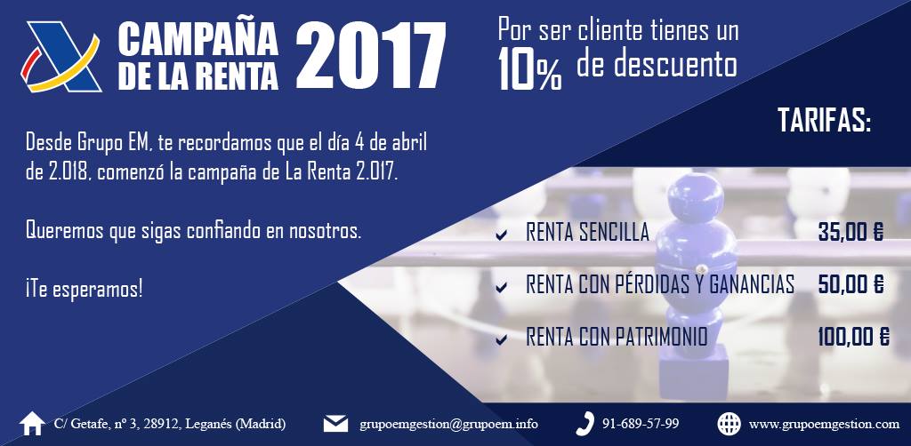 GrupoEM's tweet photo. Recuerda que si eres cliente de Grupo Em Gestión tendrás un 10% de descuento al realizar la declaración de la renta con nosotros.
Visita nuestra web: https://t.co/Iv9r4RfIz1 para más información. 
¡Estaremos encantados de atenderte! https://t.co/lss1x6iEML