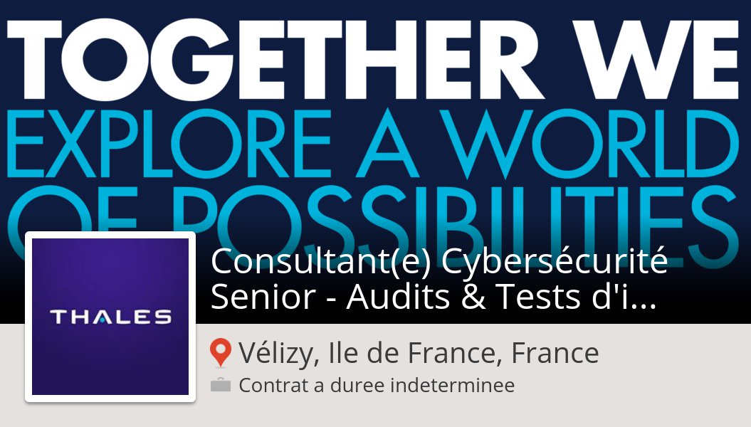 _paulbowles's tweet photo. Apply now to work for #Thales as #Consultant(e) Cybersécurité Senior - #Audits &amp; Tests d'intrusion (H/F)! (#VélizyIledeFranceFrance) #job https://t.co/TeFE7Rrhbf https://t.co/qppcu1RtOr