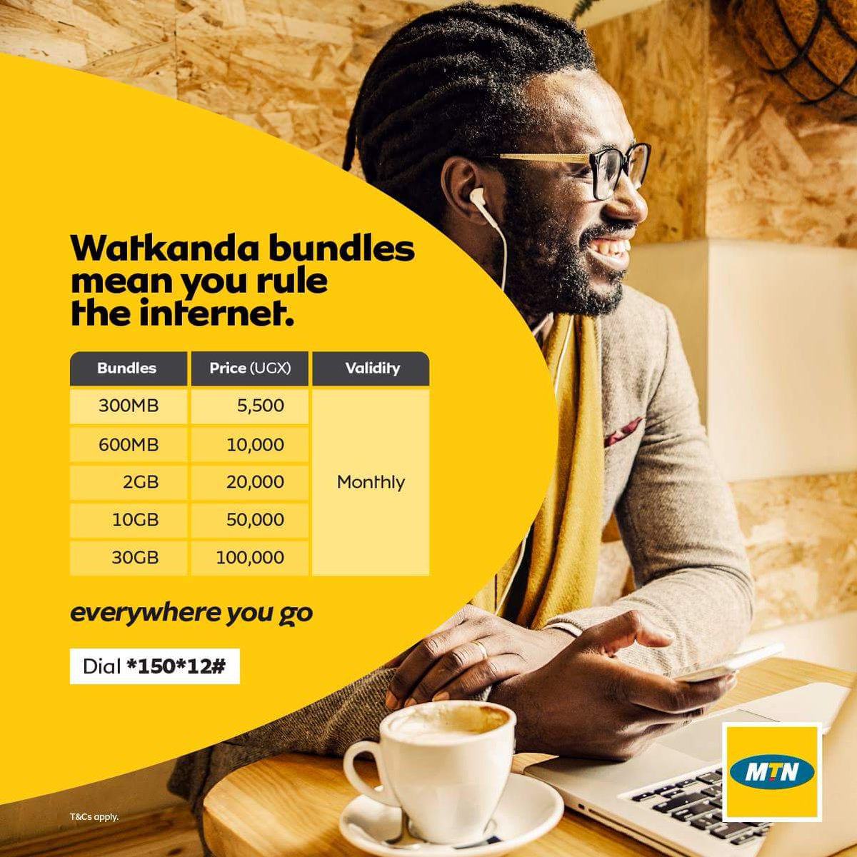 DenisDukeUG's tweet photo. Watkanda monthly bundles are available just for you to stay online at the new reduced rates.
Get; 300MB for 5,500shs Valid for 1 month
600MB at 10,000shs Valid for 1 month
2GB at 20,000shs Valid for 1 month
10GB at 50,000shs valid for 1 month
#MTNMoreMBs4Less. https://t.co/cPnd9THNLS