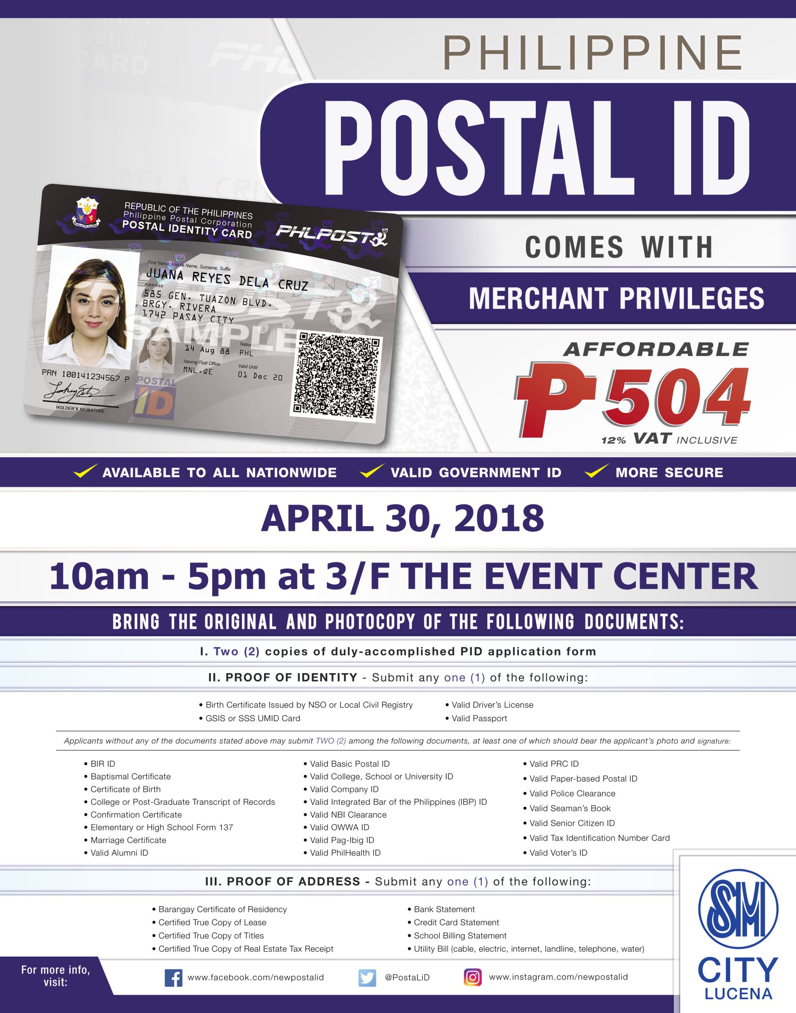 Smcitylucena On Twitter Appy For New Philpost Id At Sm City