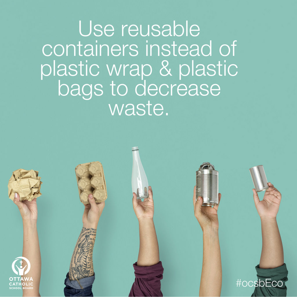 OttCatholicSB's tweet photo. Use reusable containers instead of plastic wrap & plastic bags to decrease waste. https://t.co/VJWSxDWOjy