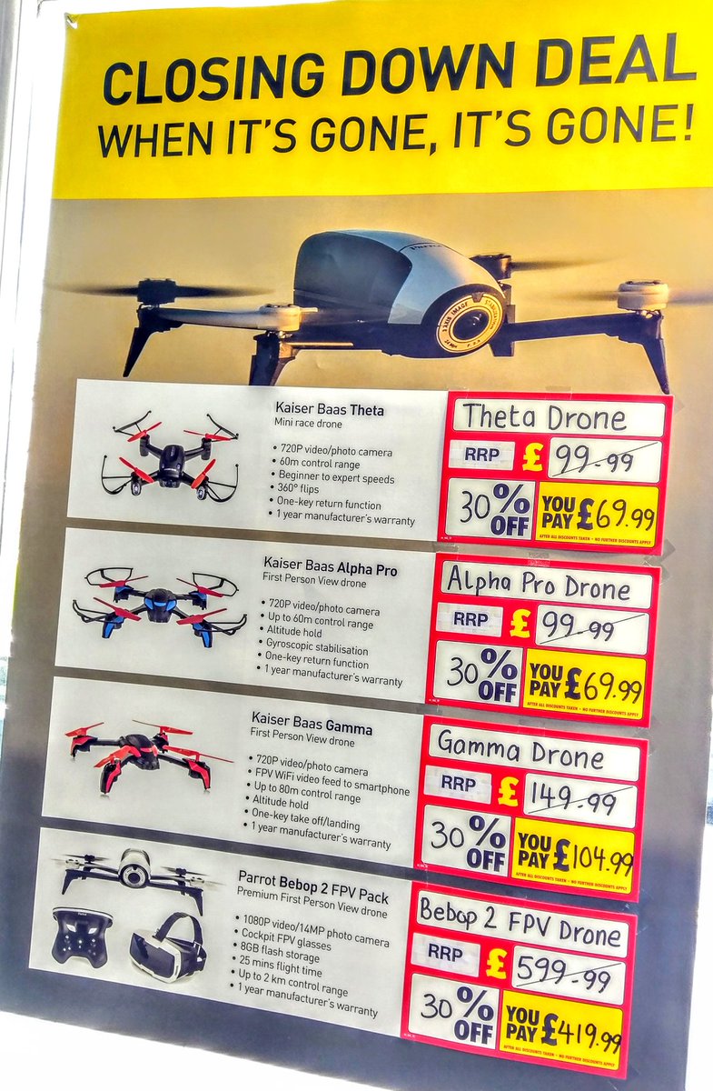 Maplin_HGT's tweet photo. FLYING STUFF!! CHEAP!!
OK, so as you know #maplin is #closingdown, which means all our #drones have dropped in price today to clear them out!!! @DJIGlobal @Parrot @kaiserbaas @PropelWorldWide 
#harrogate #northyorkshire https://t.co/ws61dfyoUQ