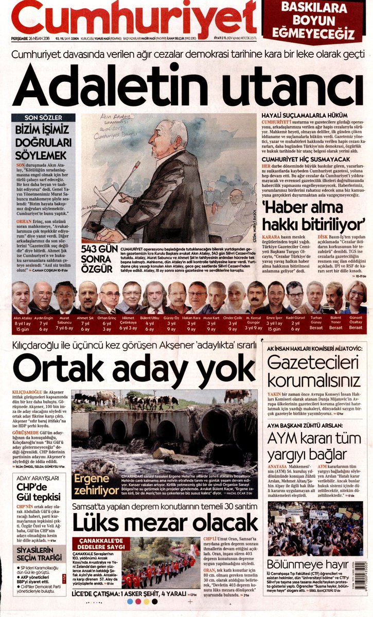 Piotr Zalewski Front Page Of Today S Cumhuriyet 15 Of The Newspaper S Journalists Were Handed Sentences Totaling 81 Years And 45 Days Yesterday T Co Egitraazlr