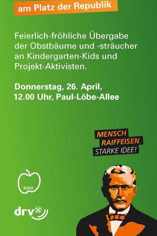Raiffeisen_DRV's tweet photo. Um 12 Uhr geht's los @PlatzderRepublik :Zum 200. Jubiläum #Raiffeisen s übergeben wir gemeinsam mit der #BVEO und den #Obst #Gemüse #Genossenschaften 200 Bäume 🌳🍎🍐und Sträucher @soskinderdorf und an Gemeinschaftsgarten Allmende-Kontor @thf100 Kommt vorbei! https://t.co/PVPdsimmAJ
