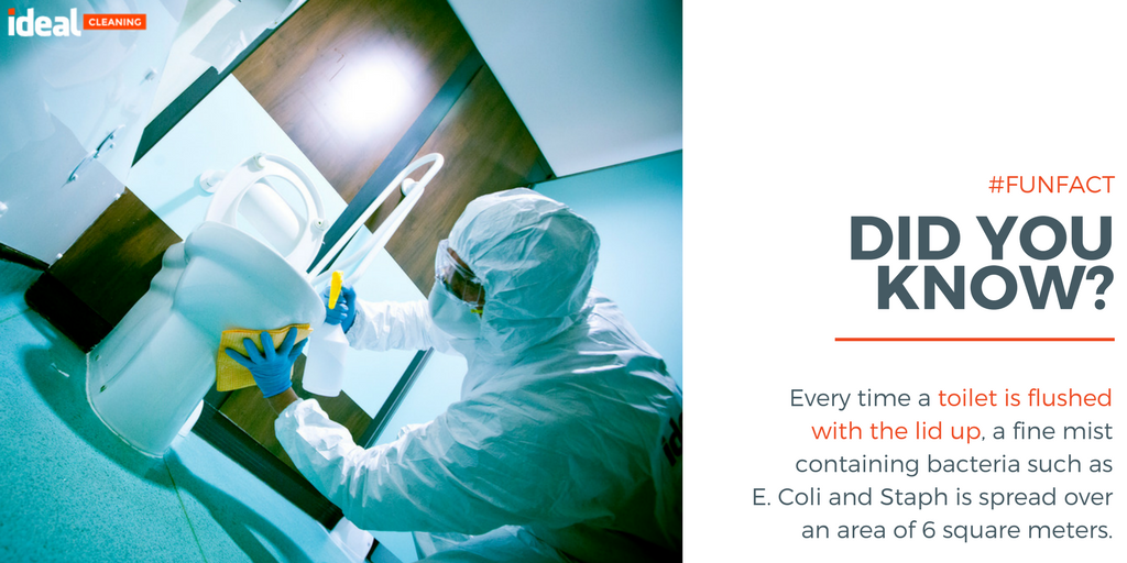IdealCleaningUK's tweet image. #FunFact

Every time a toilet is flushed with the lid up, a fine mist containing bacteria such as E. Coli and Staph is spread over an area of 6 square meters.