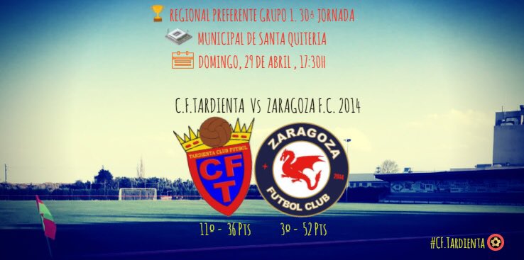 🏆 Regional Prefere Gr 1
🗓 Jornada 30
⚽️ <a href="/TardientaCF/">C.F. Tardienta</a> - @zaragozafc2014 
🕔 17:30
📍 Municipal de San Quiteria
📅 29/4/18

💪🏼🔴🔵