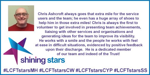 WeAreLSCFT's tweet photo. "Chris Ashcroft works with a smile and the people he works with feel at ease in difficult situations, evidenced by positive feedback upon their discharge. He is a dedicated member of our team and indeed of the Trust!" #LCFTStarsMH https://t.co/ddPBe0bkXX