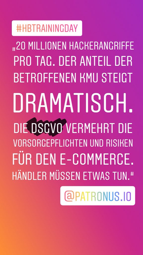 Haendlerbund's tweet photo. Bei @patronusIO (https://t.co/3NvrLITAFn) gibt's Hilfe für eure #Cybersecurity, natürlich #DSGVO-konform! 🙌

#HBTrainingDay #Onlinehandel #ECommerce https://t.co/rl7rcNuCqD