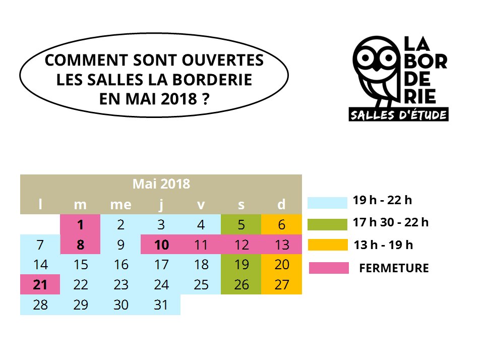 📢 Rappel : vos #BURennes1 et #SallesLaBorderie sont ouvertes aux horaires habituels pendant vos congés universitaires. Pour le mois de mai, consultez les petits calendriers-mémos liés à ce tweet.