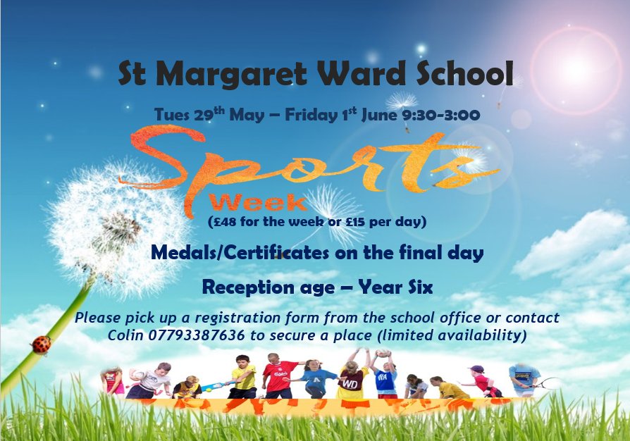 SMWprimary's tweet photo. Whit Sports Week. 29th May - 1st June. Please pick up a registration sheet from Reception to sign up. https://t.co/zcA0gxrKSc