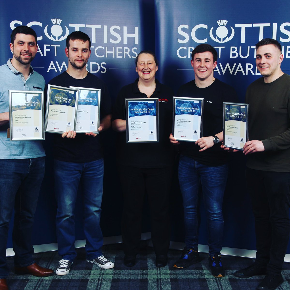 All smiles having just recieved three GOLD🥇 and three SILVER🥈 awards last week in Perth from @scottishcraftbutchers for our range of in house dry cured bacon and hand made burgers.