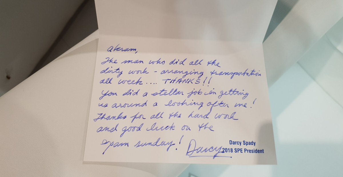 AALBARGHOUTI's tweet photo. Small things make a difference .... honored to have received a Thank You note from @SPE2018Pres during the #2018_ATSE #Where_Energy_Meets_Intelligence... volunteering for @spe_ksa never failed me 🙇♂️ https://t.co/QYHBhPaWPJ