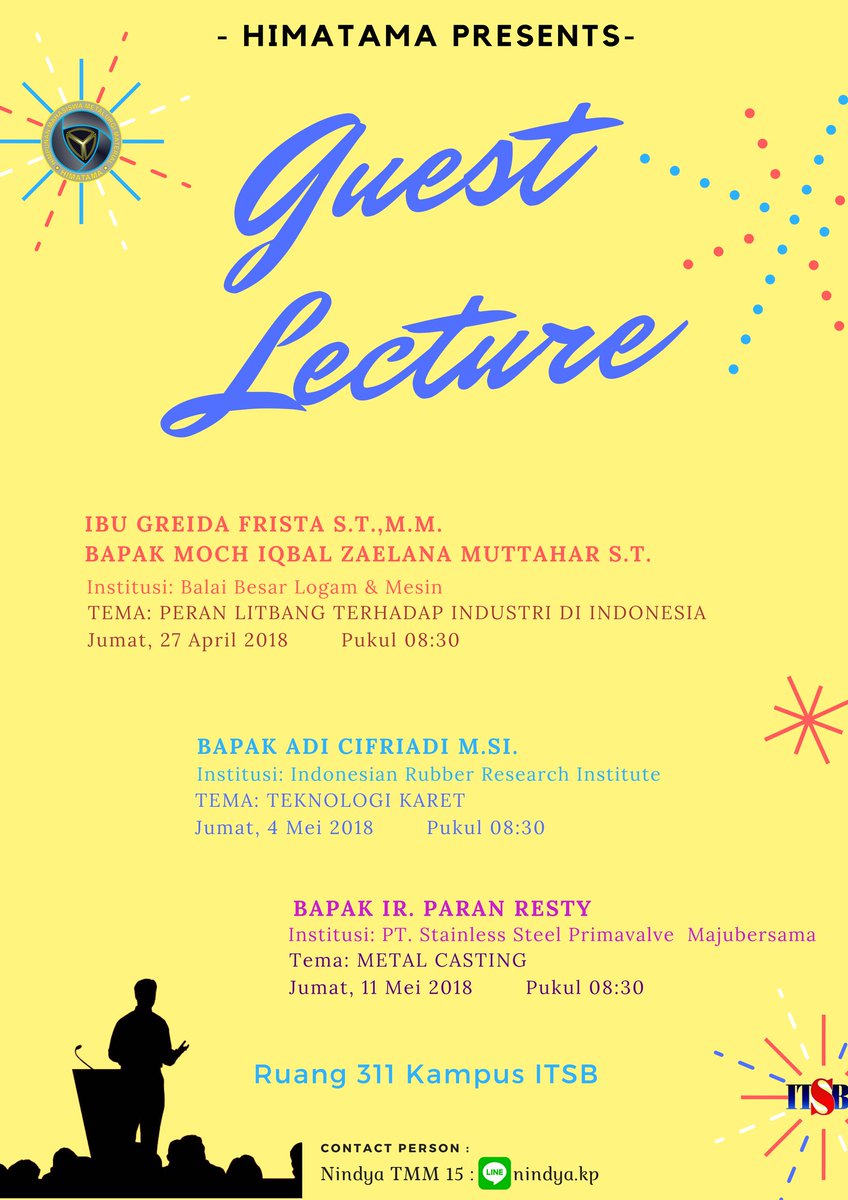 [GUEST LECTURE]
Akan diselenggarakan kuliah tamu dengan tema "Peran Litbang Terhadap Industri di Indonesia" dengan Pembicara Ibu Greida Frista S.T., M.M. &amp; Bpk Moch Iqbal Zaelana S.T. yang akan dilaksanakan :
Hari: Jumat, 27 April 2018
Waktu: 08.30 s/d 11.30 WIB
Tempat: Ruang 311