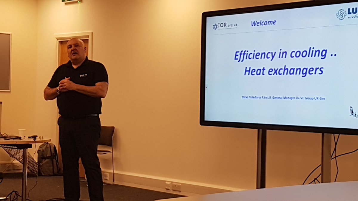 LynnSencicle's tweet photo. Steve Taliadoros of Lu-Ve talks about efficiency in cooling, specifically heat exchangers - select the correct cooler, consider room layout and don't block air throw with lights or shelving for example  @thecoolinghub #cooltalks https://t.co/wHQVBMy3ze