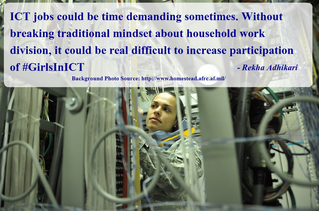 SSuvekshya's tweet photo. ICT jobs could be time demanding sometimes. Without breaking traditional mindset about household work dicision, it could be real difficult to increase participation of #GirlsinICT - @rekhaadhikari @PracticalAction https://t.co/lMSccEWoIw