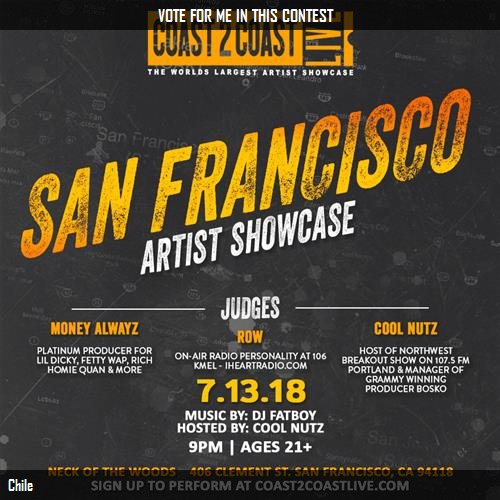 Kee89905037's tweet photo. Just voted for Chile to perform for $50K Prize at #San Francisco Edition 7/13/18! https://t.co/iTuxoGUtve #Coast2Coast https://t.co/kny9ZaLjAK