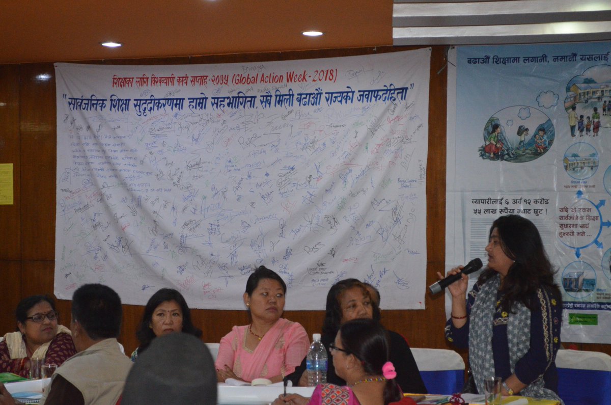 PDRCNepal's tweet photo. Civil society organizations urged the ministry of education as well as the political parties to be accountable for implementing the full #SDG4 agenda.  #GAWE2018 Cc: @yogeshuml55 @RupSunar @globaleducation https://t.co/zHWaPH9EDg