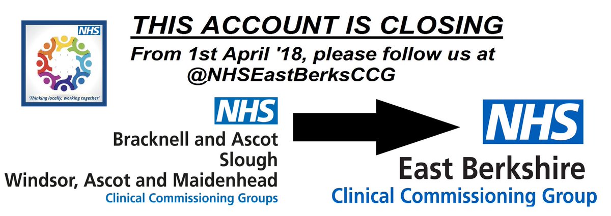 THIS ACCOUNT HAS CLOSED. Follow us at <a href="/NHSEastBerksCCG/">NHS East Berkshire CCG</a> 
From the 1st April'18 Windsor,Ascot&amp;Maidenhead CCG, Slough CCG &amp; Bracknell &amp; Ascot CCG will merge to form East Berkshire CCG
#NHS #Windsor #Ascot #Maidenhead #Bracknell #Slough