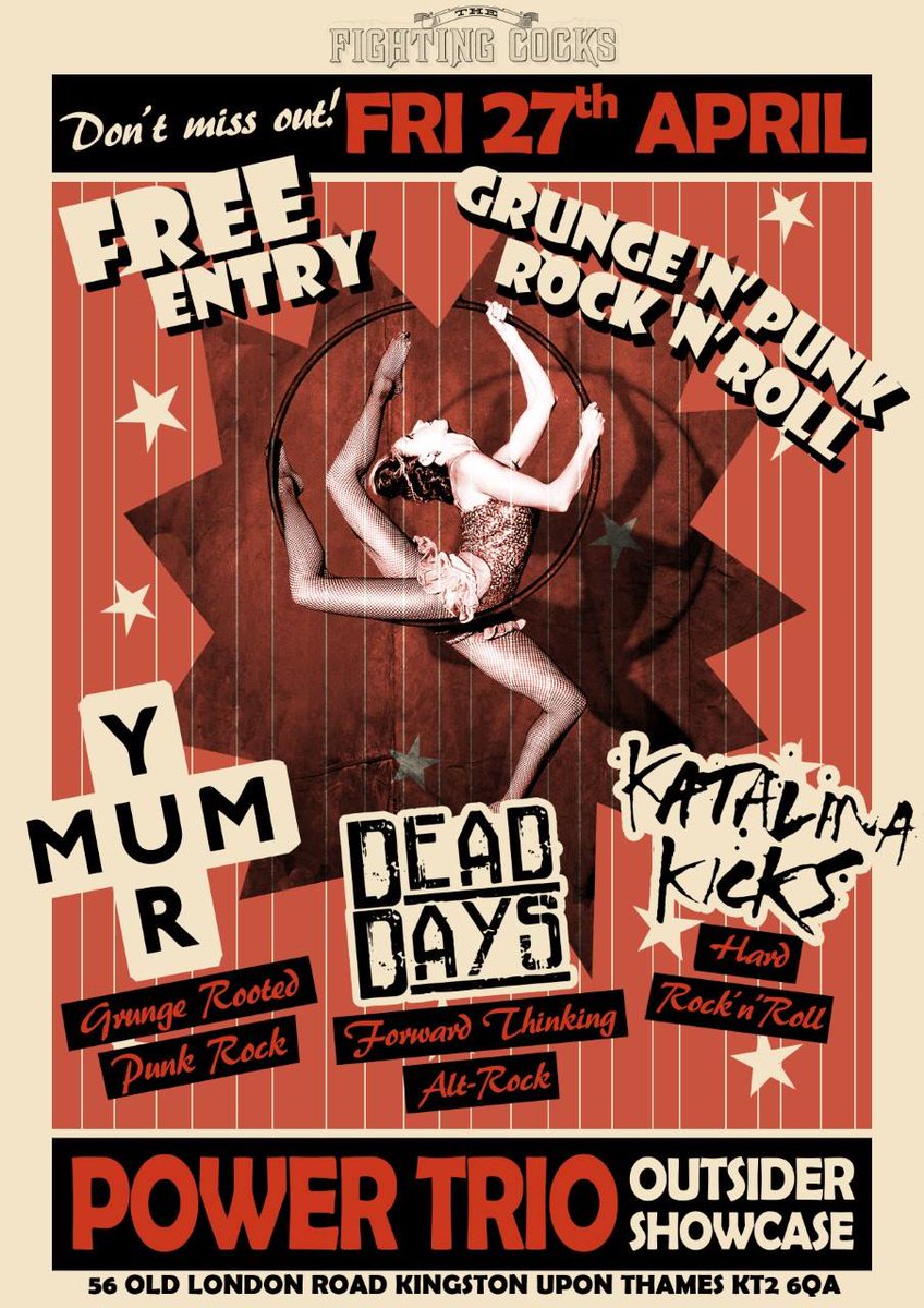 @rockyurmum <a href="/DeadDaysBand/">Dead Days</a> @katalinakicks FREE ENTRY tomorrow night in #KingstonuponThames <a href="/FightingCocks66/">The Fighting Cocks</a> 

facebook.com/events/3738318…