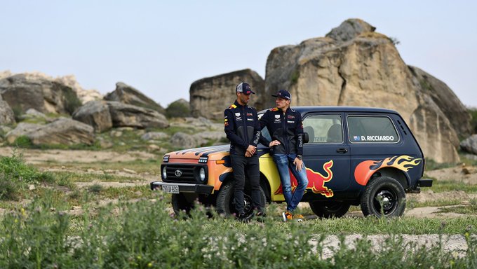 Daniel Ricciardo and Max Verstappen on location at the Gobustan National Park in Azerbaijan with a unique ride.