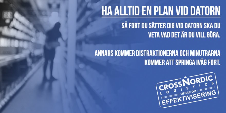 Att sitta vid datorn utan en plan på vad som ska göras är en dum idé. Tiden kommer springa iväg och det är verkligen inte ett effektivt arbetssätt. Ta någon minut direkt och ta fram en plan på vad som ska göras och håll dig till den. #tips #veckanstips #3pl #ehandel #logistik