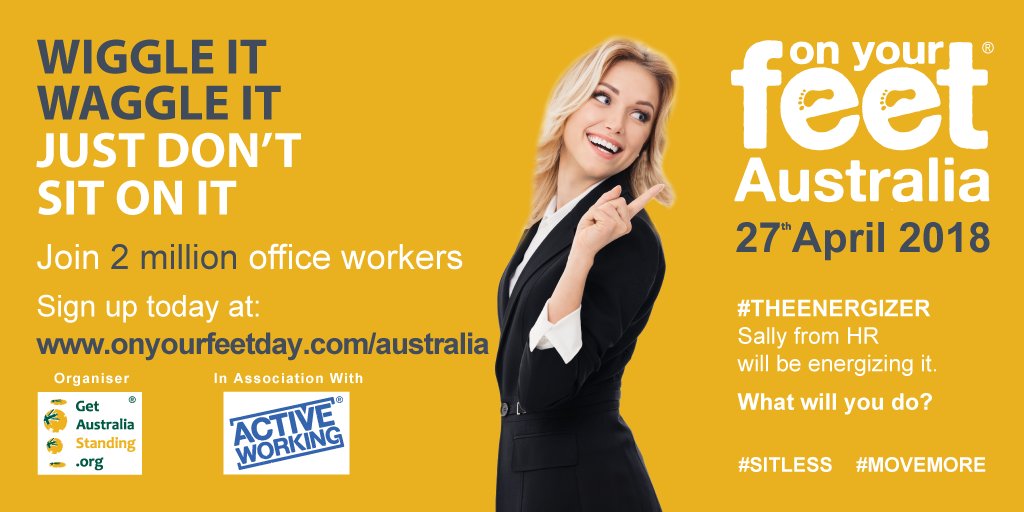 getOZstanding's tweet photo. Remember to tweet us all your "Get up offa that thing" photos TOMORROW with the #OYF2018 #OnYourFeetAustralia 👣👣 #SitLess #MoveMore! Who dares wins! ▶️ https://t.co/ljyVeXuxVg https://t.co/Xx9hhk3KWA