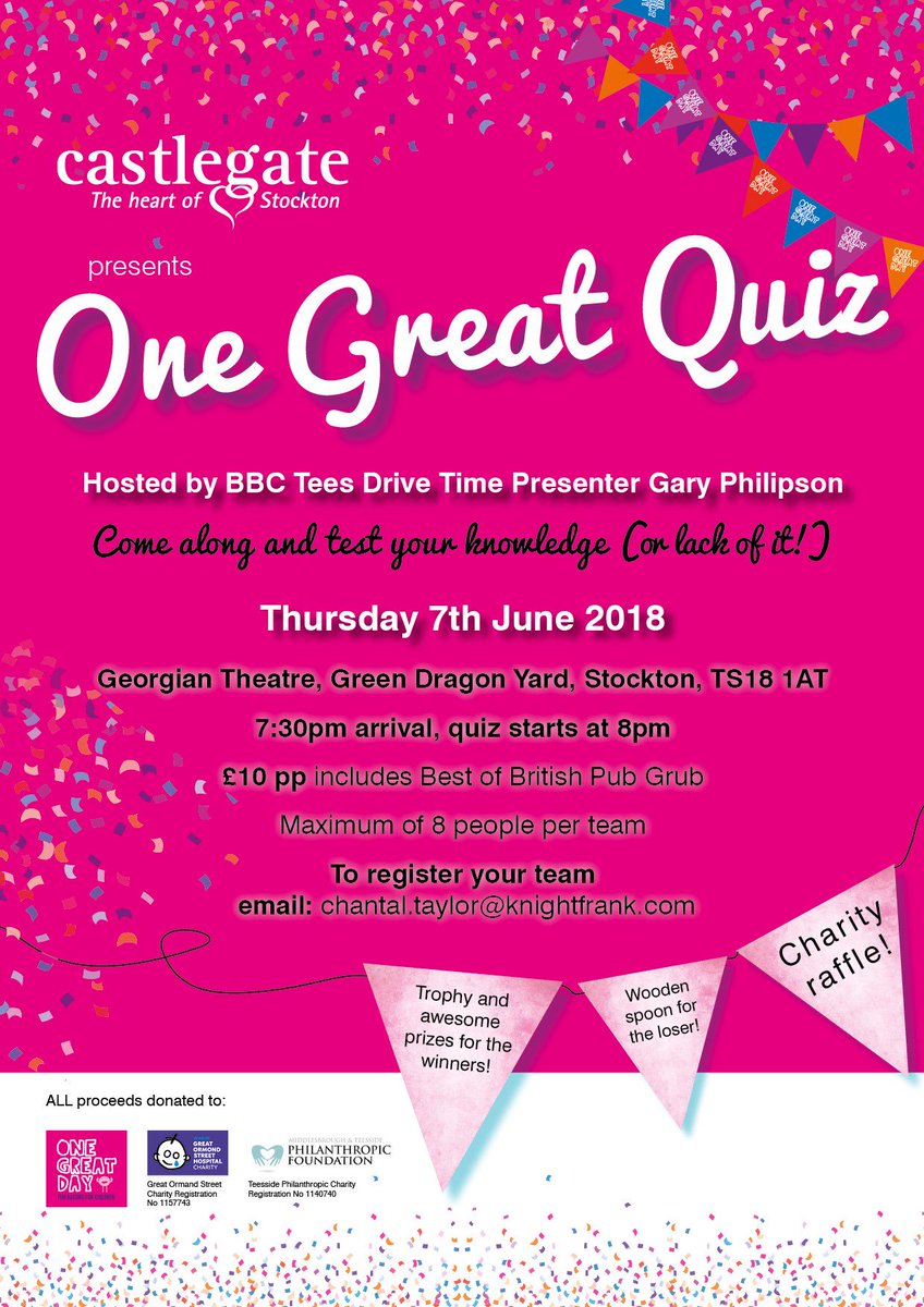 Tickets are on sale now for One Great Quiz hosted by <a href="/GaryAPhilipson/">Gary Philipson</a> raising money for @teessidecharity and <a href="/GreatOrmondSt/">Great Ormond Street Hospital for Children</a> as part of <a href="/OneGreatDay1/">One Great Day</a> Contact me for tickets! Any donations to our bottle raffle much appreciated.  Its gonna be awesome!