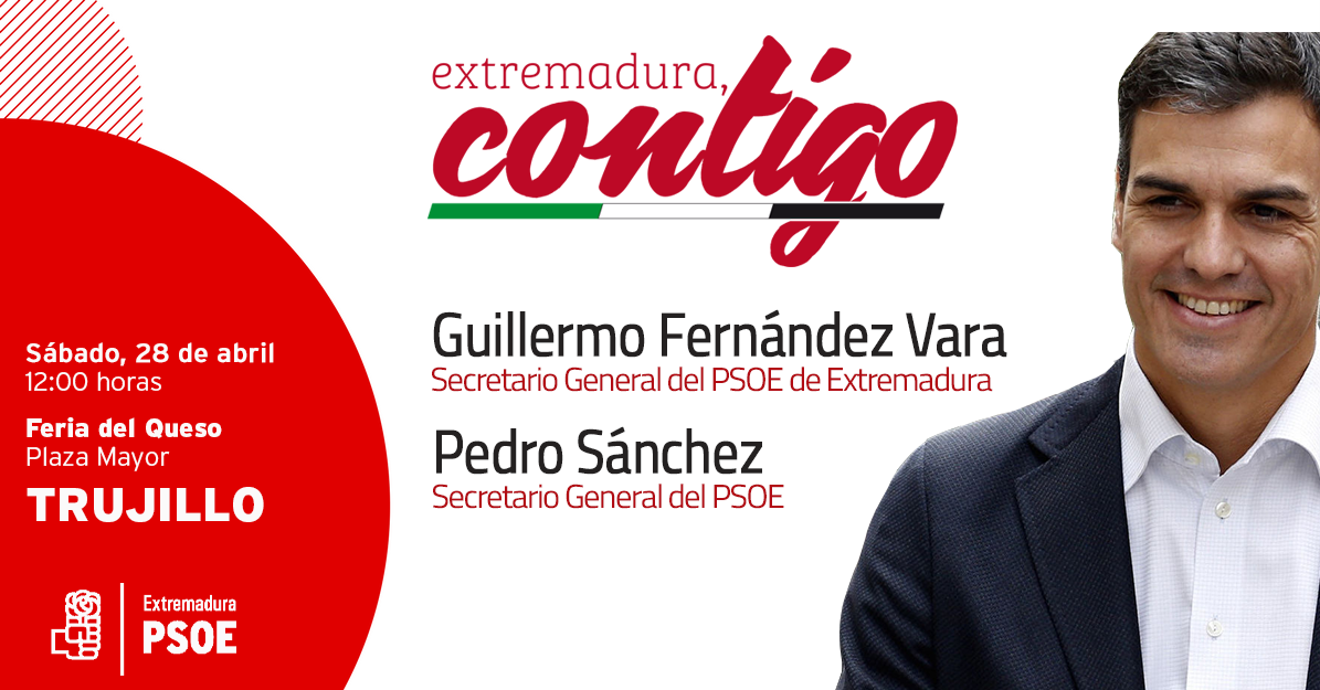 psoeex's tweet photo. Este sábado estarán en Trujillo, Pedro @sanchezcastejon y @GFVara 
A partir de las 12:00 horas en la Plaza Mayor #ExtremaduraContigo https://t.co/KVTwkd1pdl