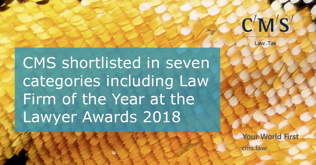 CMS has been shortlisted for Law Firm of the Year at the upcoming #TheLawyerAwards, as well as six other categories. See the full list here: bit.ly/2HHr58X