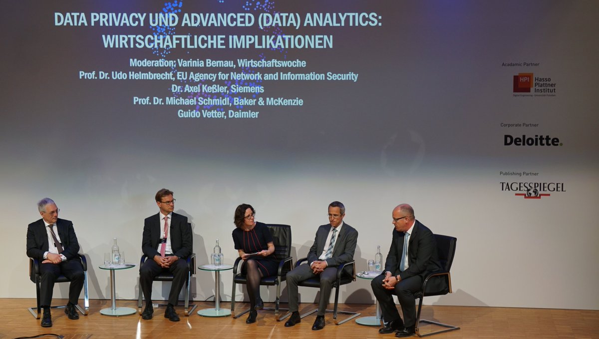 HPI_DE's tweet image. #DataPrivacySummit: Panel I – #DataPrivacy und Advanced (Data) #Analytics: Wirtschaftliche Implikationen. Mit Varinia Bernau @VariniaBernau, Prof. Dr. Udo Helmbrecht @enisa_eu, Dr. Axel Kessler @Siemens, Prof. Dr. Michael Schmidl @bakermckenzie und Guido Vetter @Daimler