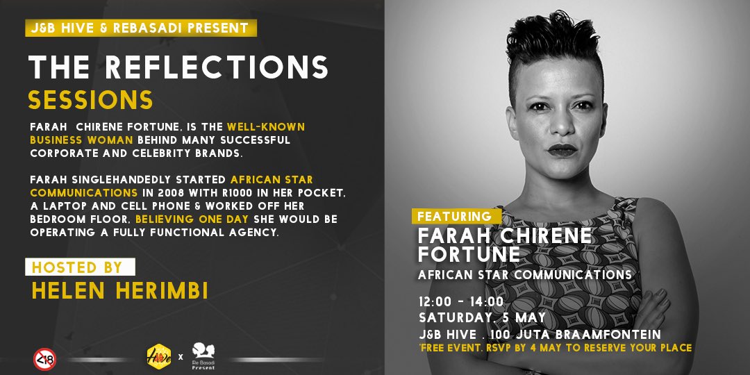 rebasadicreates's tweet photo. We’re super excited to announce we’ll be having @fcfortune at our next #ReflectionSessions in partnership with @hivejoburg. Will you be joining us? 

FREE RSVP: https://t.co/u7VHVyyZfx

📷: @AustinMalema https://t.co/e8lBhcQTb0