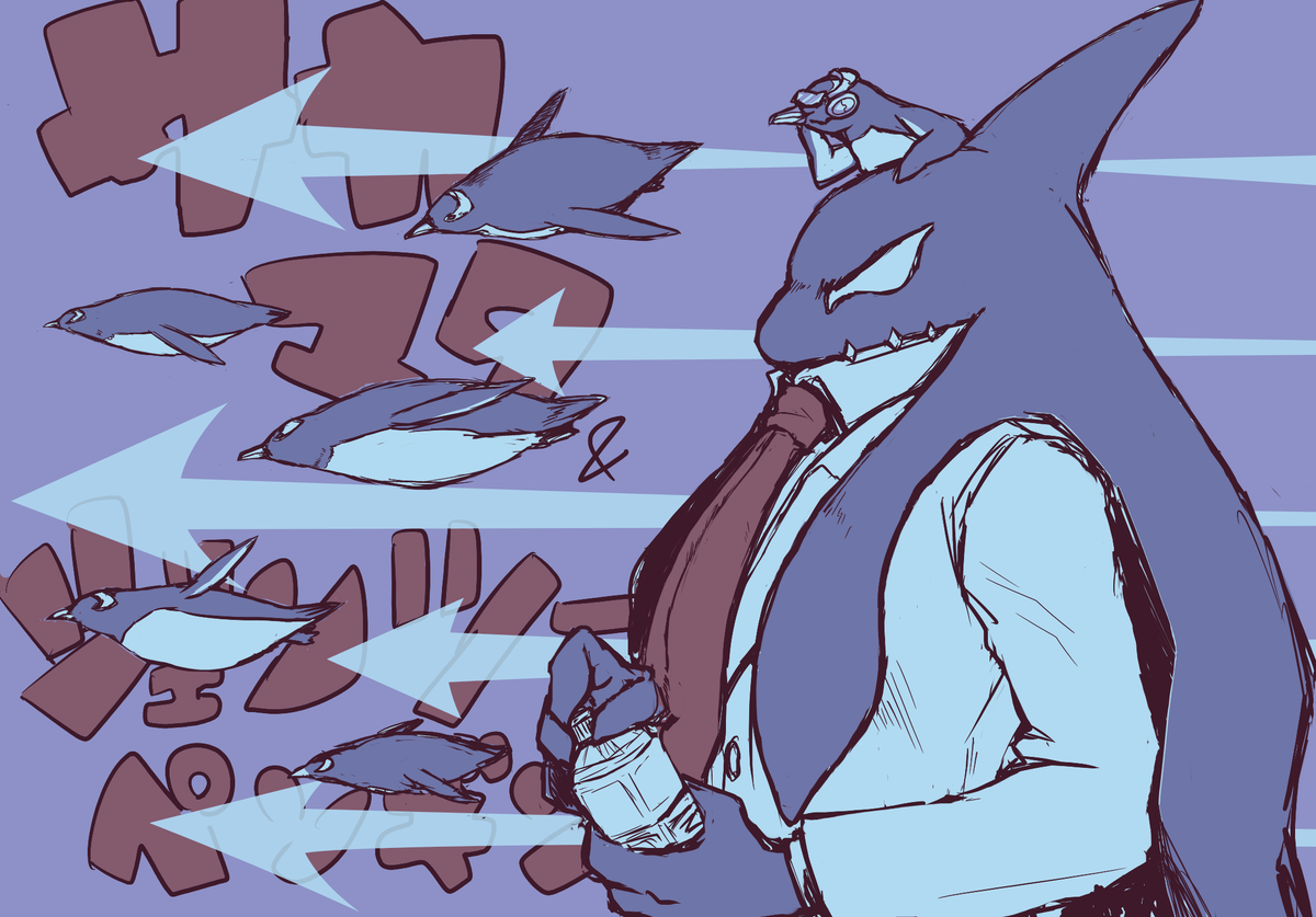 騎士トリチヤン お題を頂いた時にアデリーペンギンの時に言ってたペンギン魚雷がまっさきに浮かんだので攻撃 水泳 姿勢に入って貰いました サカマタさんは逢魔ヶ刻動物園 という漫画のキャラなのですが シャチなので一緒の空間に置いたのはちょっと危険で