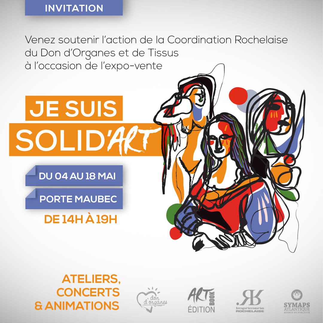 On vous donne rendez-vous à partir du 4 mai prochain lors de notre #ExpoVente #JeSuisSolidArt qui se déroulera jusqu'au 18 mai, Porte Maubec à #LaRochelle ! #DondOrganes