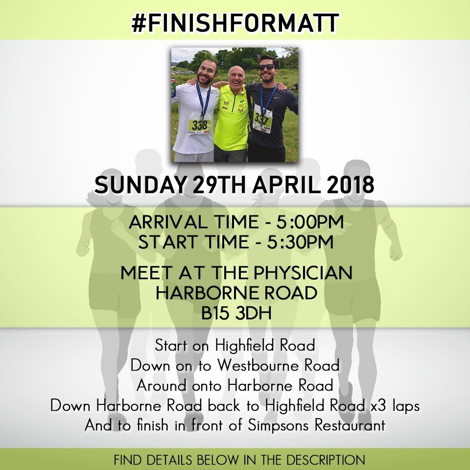 simpsons_rest's tweet photo. As many of you are aware we lost a dear friend on Sunday and in his honour we are hosting a run to finish the last 3.7 miles.

Anyone who is available is welcome, we look forward to seeing you there!
#FinishForMatt #SimpsonsRestaurant https://t.co/B1xq1etY3J