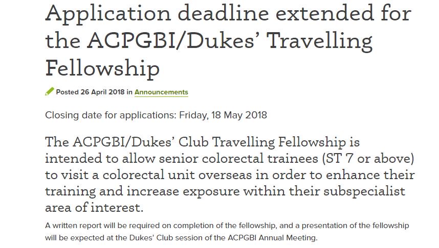 Travelling Fellowship <a href="/ACPGBI/">@ACPGBI</a> <a href="/Dukes_Club/">The Dukes' Club</a>.  EXTENDED to 18 May. 
A shout out to senior colorectal trainees to visit a colorectal unit overseas to enhance training &amp; increase exposure within their subspecialist area of interest.

😕What are you waiting for?