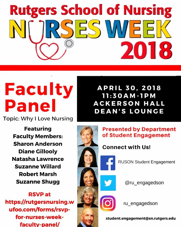 ru_engagedson's tweet photo. Get ready RUNursing! We are celebrating YOU all next week with a series of events. We are kicking off Nurses’ Week with our Faculty Panel on Why I love Nursing? Please RSVP and join us! #RUNursesWeek2018 #runursing #ruson https://t.co/kIdjzWOZ46