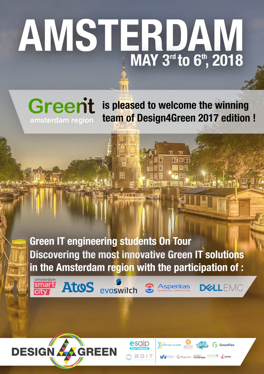 GreenITAms's tweet photo. On May 3rd &amp; 4th, we are proud to welcome 5 engineering students who won the @Design4Green challenge. On the program, visits of the most innovative #greenIT companies in #Amsterdam: @adamsmartcity @AtosNL @Asperitas_IC @EvoSwitch @DellEMCBeLux ! https://t.co/4FUQvmUwjg