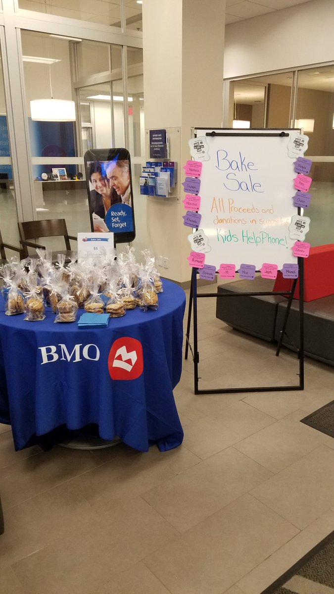 Bake sale today supporting <a href="/KidsHelpPhone/">Kids Help Phone</a>! Come see us at BMO <a href="/placedorleans/">Place d'Orleans</a> #PLACEDORLEANS #proudtoworkatbmo #beingbmo #walksokidscantalk <a href="/NatKFraser/">Natalie KhouryFraser</a> <a href="/paquette_r101/">Richard Paquette</a> <a href="/rhondahone/">Rhonda Hone</a> <a href="/OAbouzaher/">Omar Abouzaher</a>