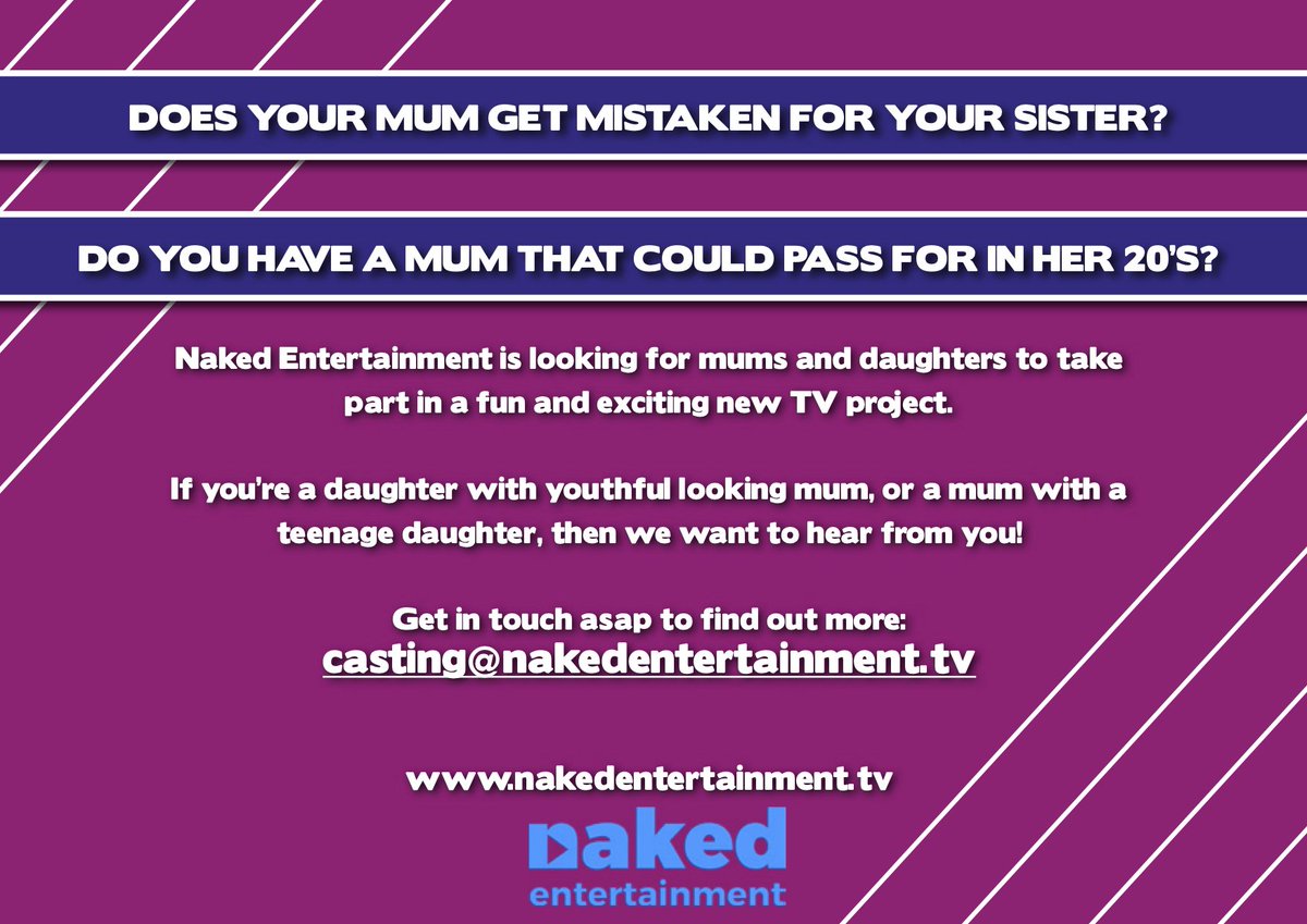 StephCarps's tweet photo. @annalingis Naked Entertainment are looking for mums and daughters who look like sisters! We're making an exciting new TV show wand want to hear from you! E: casting@nakedentertainment.tv for more info. Please RT https://t.co/yx1Qle10Br