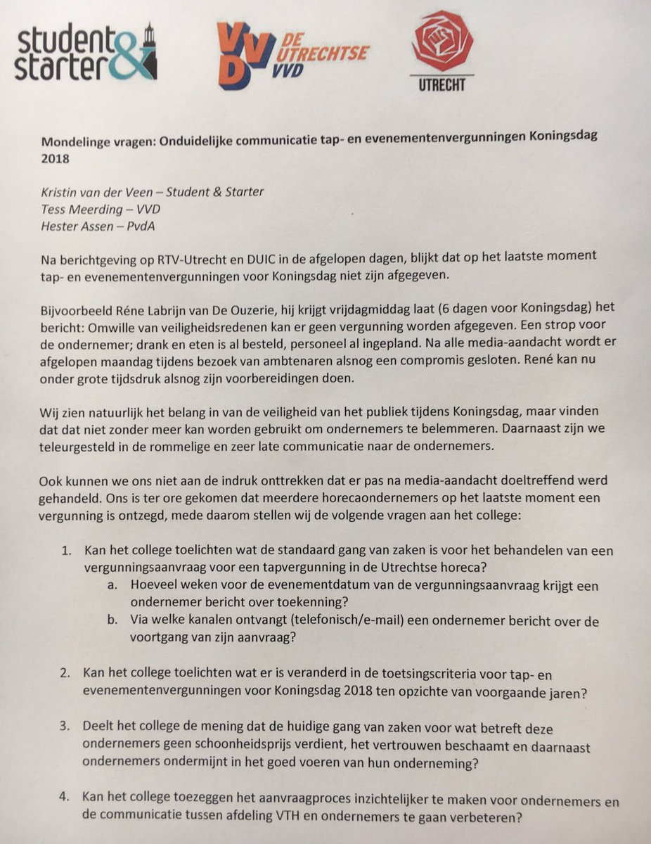 HesterAssen's tweet photo. Terwijl #Utrecht zich op maakt voor de Vrijmarkt begint #raad030 zo aan vragenuur, met van @jjkrooneman vragen nav dit artikel over thuishulp: https://t.co/r4n7Fu87u4 

Daarnaast (geweigerde) vergunningen aan horeca-ondernemers voor Koningsdag en slecht wegonderhoud Adelaarstraat https://t.co/3o9VUTLPKL