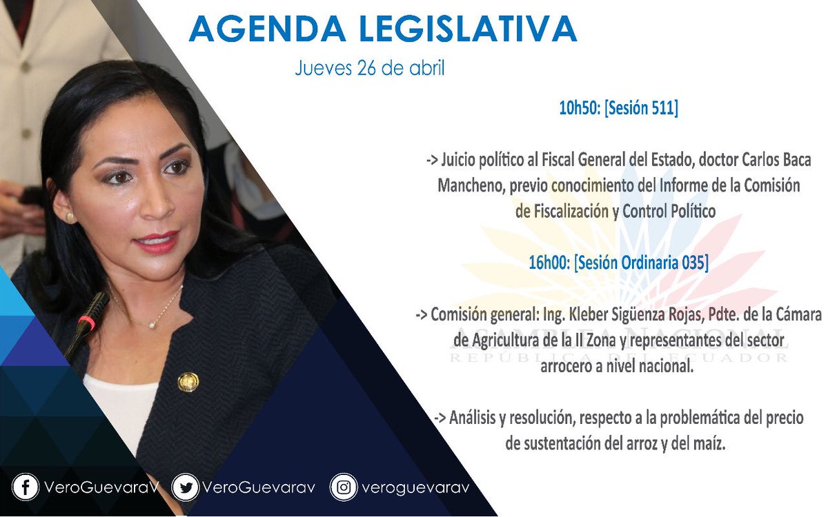 VeroGuevarav's tweet image. Hoy en el Pleno de la @AsambleaEcuador trataremos el juicio político del Fiscal #CarlosBaca, previo conocimiento del Informe de la Comisión de @FiscalizacionAN; por la tarde sesión de comisión de @soberanialimen.